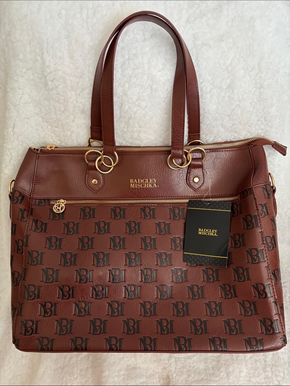 Badgley Mischka Chestnut Brown Logo Weekender/Travel Tote Bag with Gold Hardware